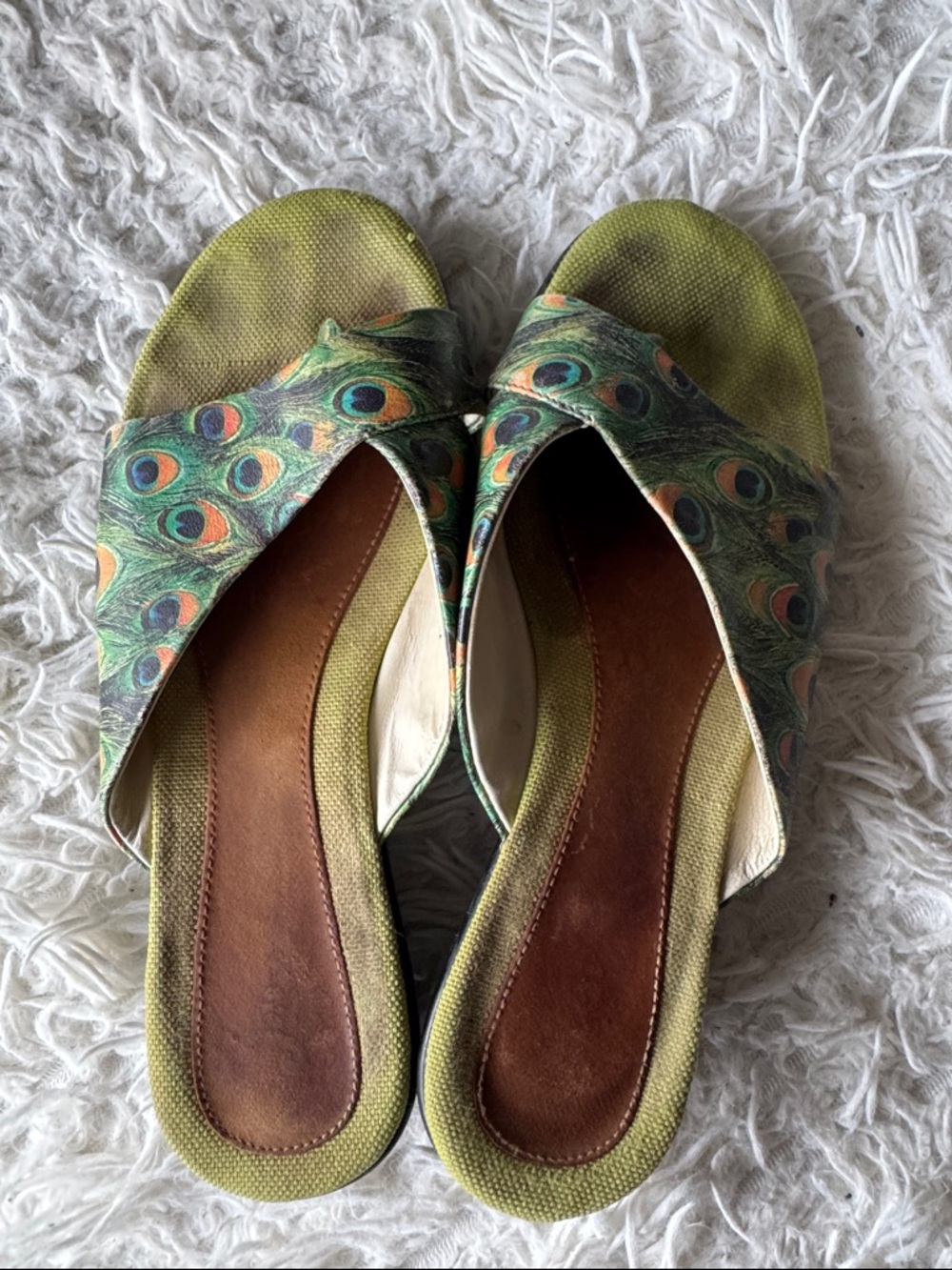 ICON Peacock-Print Slip-On Mules in Green and Blue
